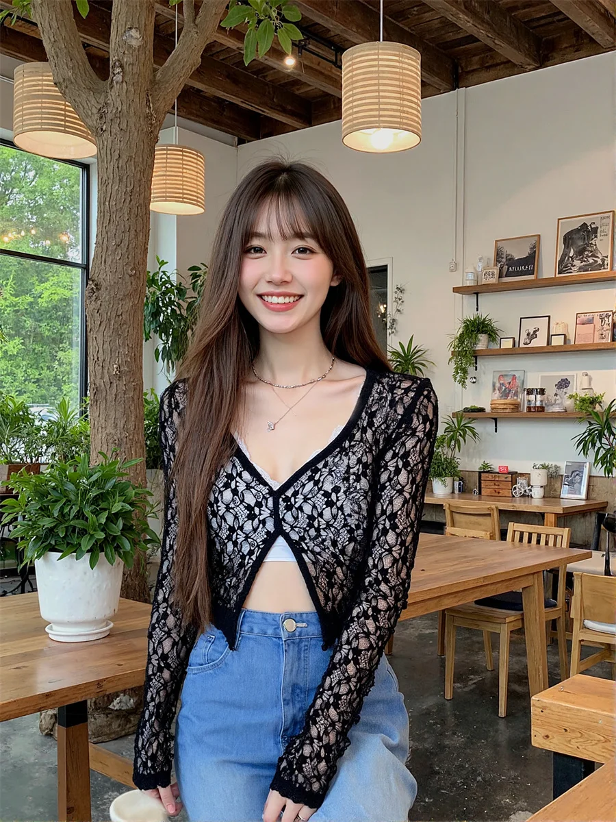 

Long Sleeve Women Party Shirts Ladies White Crochet Button Up Cotton Elegant Simple Basic Minimalist Fashion Tops Blouses Casual