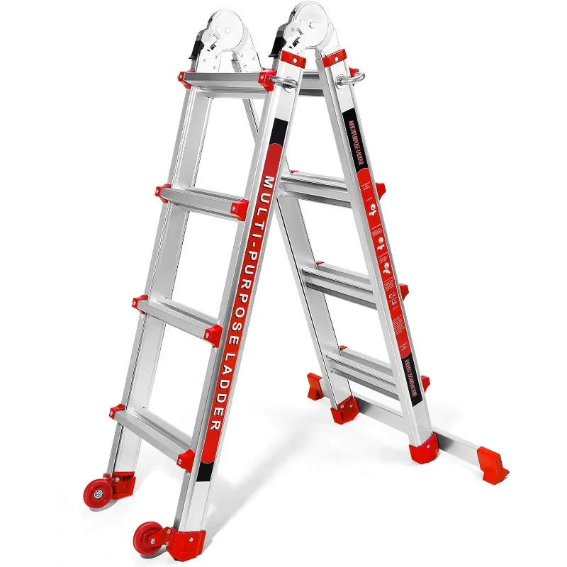 

Ladder 13.5FT, A Frame 4 Step Telescoping Ladder with Stabilizer Bar & Wheels, Heavy Duty 330lbs Max Capacity