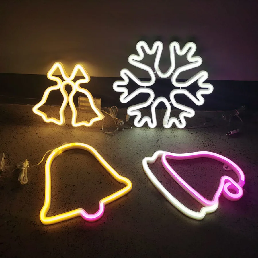 LED Neon Light Sign Nightlight Lamp Strip Christmas Hat Tree Star Snowflake Modeling Decor Room Wall Shop Birthday USB & Battery