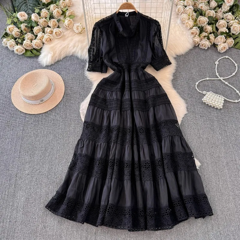 New Casual French Elegant Lace Embroidery Prom Long Dress Women's V Neck Puff Sleeve Summer High Waist Hollow Out Dresses