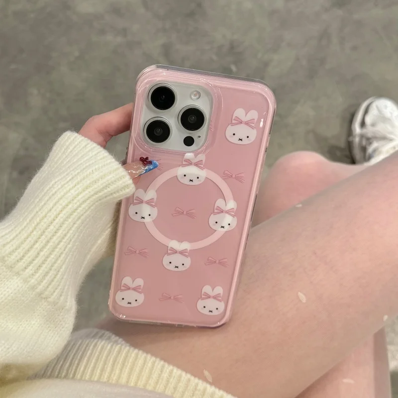 Urocze, różowe etui na telefon z motywem Miffy, z magnetycznym mocowaniem MagSafe i bezprzewodowym ładowaniem, z lusterkiem do makijażu, dla iPhone 16 15 14 13 17 Pro Max. — zdjęcie produktu 4