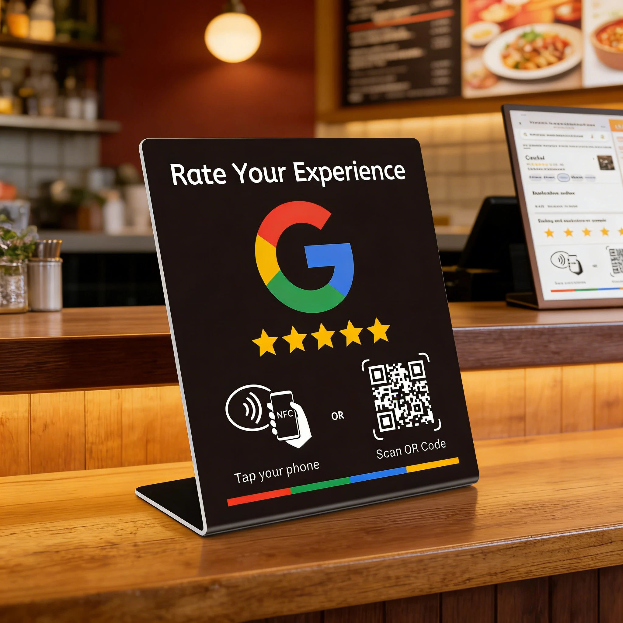 NFC 215 Programmierbare QR-Code Google-Bewertungskarte Tischdisplay-Ständer für Restaurants & Unternehmensbranding