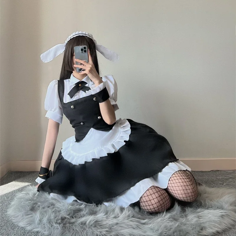 Coelhinho preto Cosplay para mulheres, avental japonês, roupas de empregada, roupas kawaii, Lolita, menina da escola, Halloween