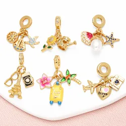 OCESRIO 3PCS Travel Luggage Pendant for Necklaces Copper Gold Plated Ship Camera Large Hole Jewelry Making Supplies pdtb765