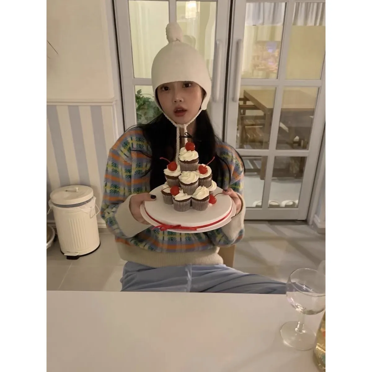 

Faren Sweet Plaid V-Ne Knitted Sweater Winter 2025 Korean Sle Regular Fit Wool Blend Women's Faion