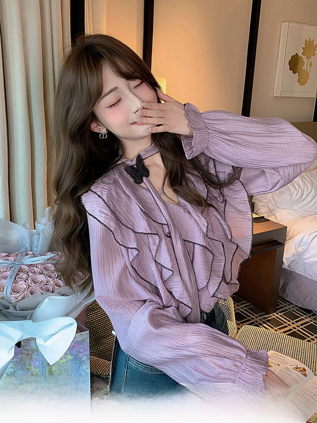 

Шикарная женская шифоновая блузка с цветными блоками, новинка весенней коллекции, уникальный топ во французском стиле, свободный крой, длинный рукав