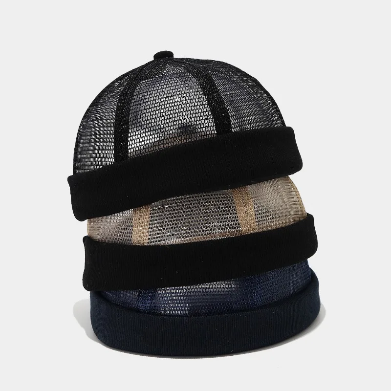 Summer Full Mesh Docker Cap Men Breathable Brimless Hat Retro Sailor Beanie Motorcycle Riding Cargo Mechanics Hat Melon Cap