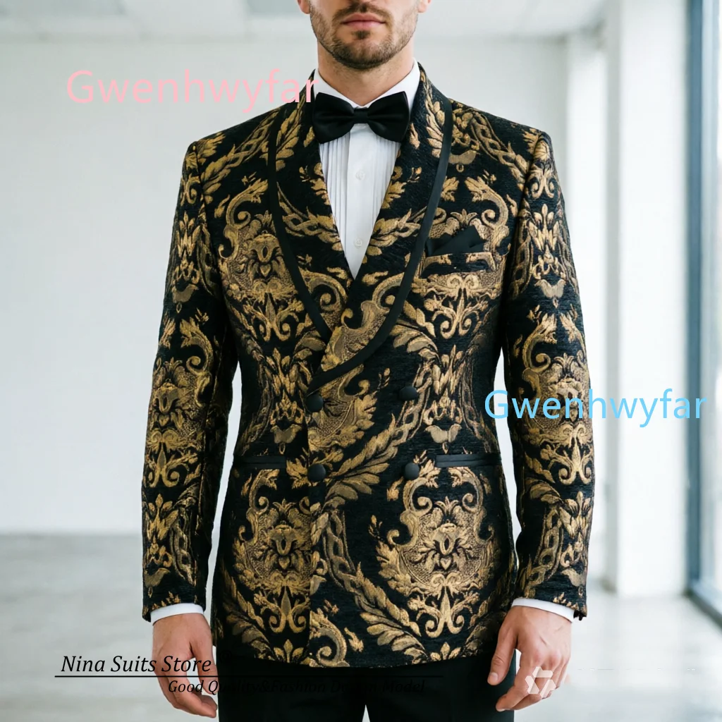 G&N Elegant Black Velvet Jacket with Gold Print Matching Black Pants for Men Wedding Suit 2026 Classy Formal Outfit for Men