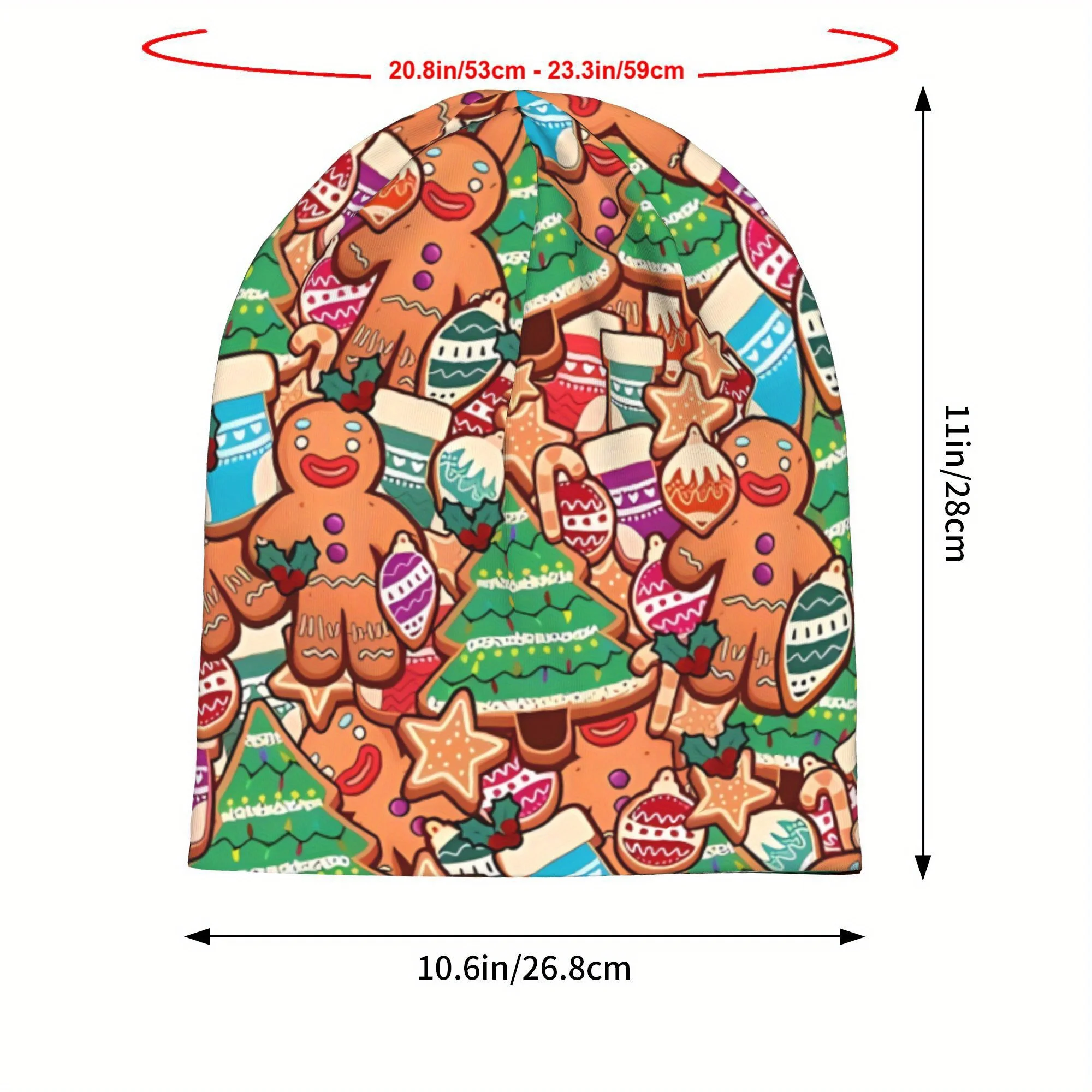 Colorful Gingerbread Cookie Beanie Cozy Knit Hat with Holiday Gingerbread, Christmas Trees Candy Canes Design Beanies for Men