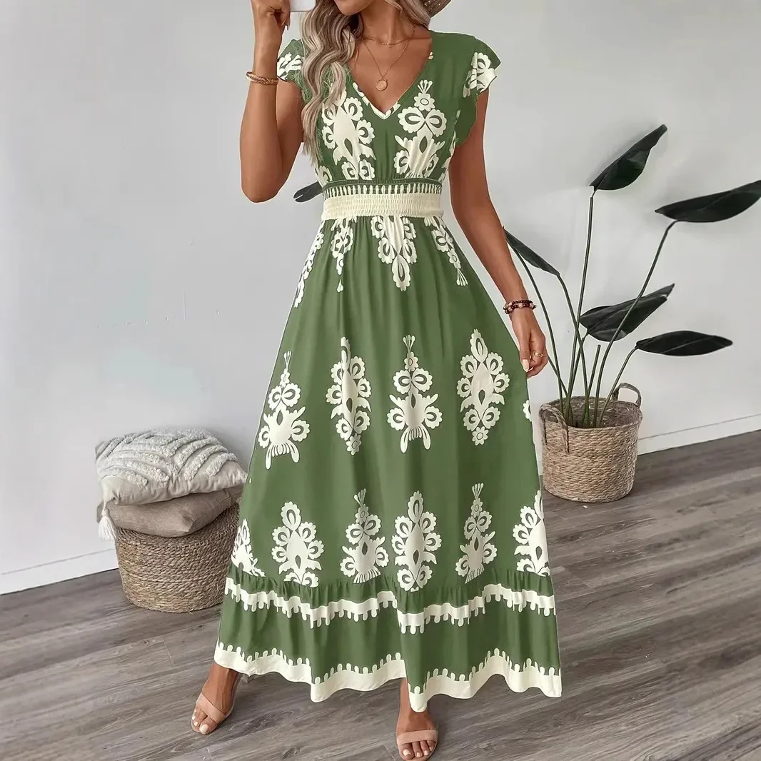 Abito lungo Boho stampato floreale moda estiva donna scollo a V manica volante vacanza vacanza spiaggia vestito estivo abiti da festa abiti