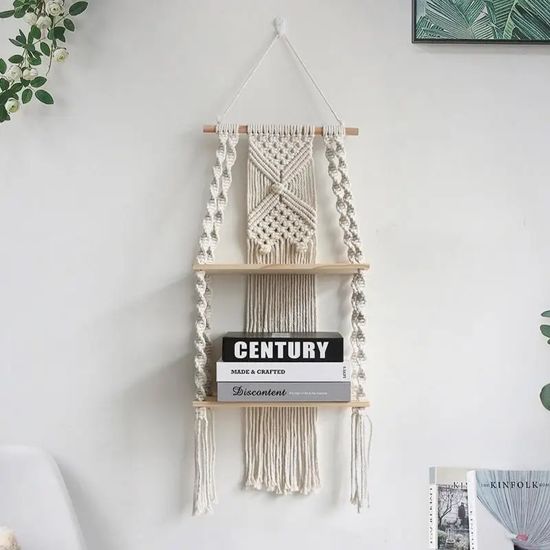 Boho Shelves For Wall Handmade Woven Floating Holder 2 Tier Indoor Floating Decorative Handmade Rope Boho Shelving For Organizer