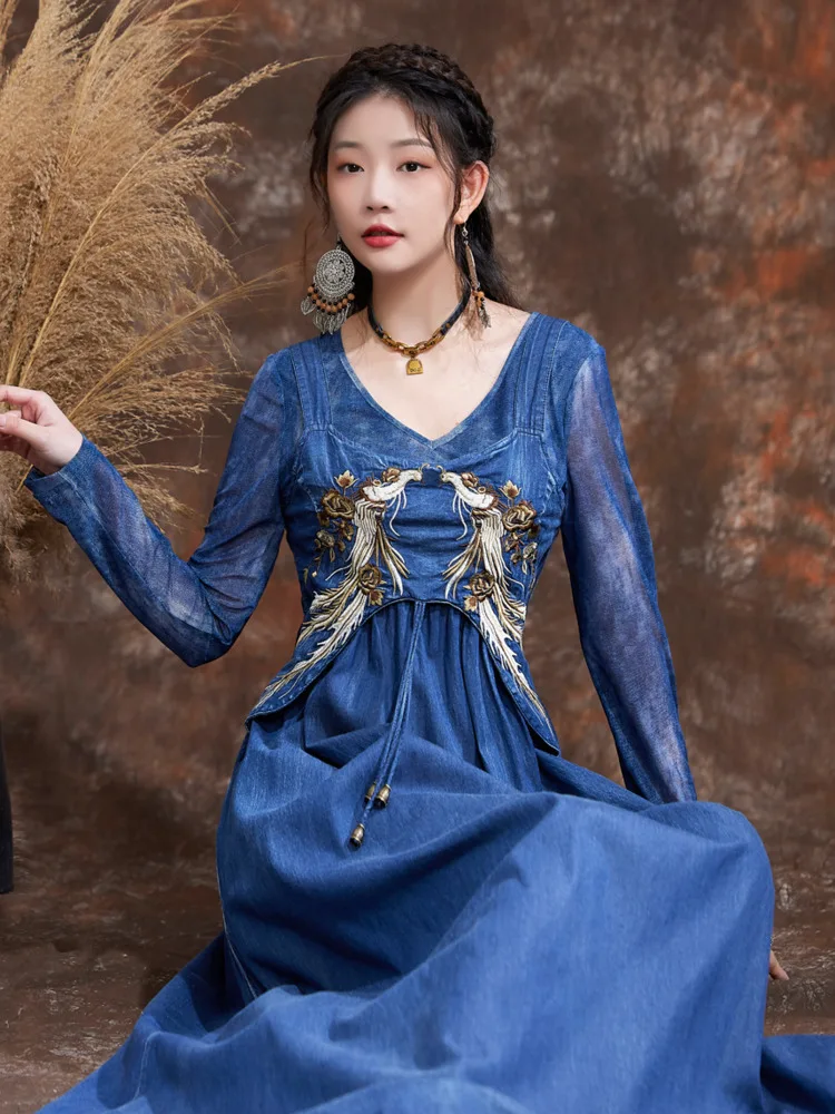 #2798 Blue False Two Piece Denim Dress Women Embroidery A-line Dress Ladies Vintage Split Joint Spaghetti Strap Dresses Summer