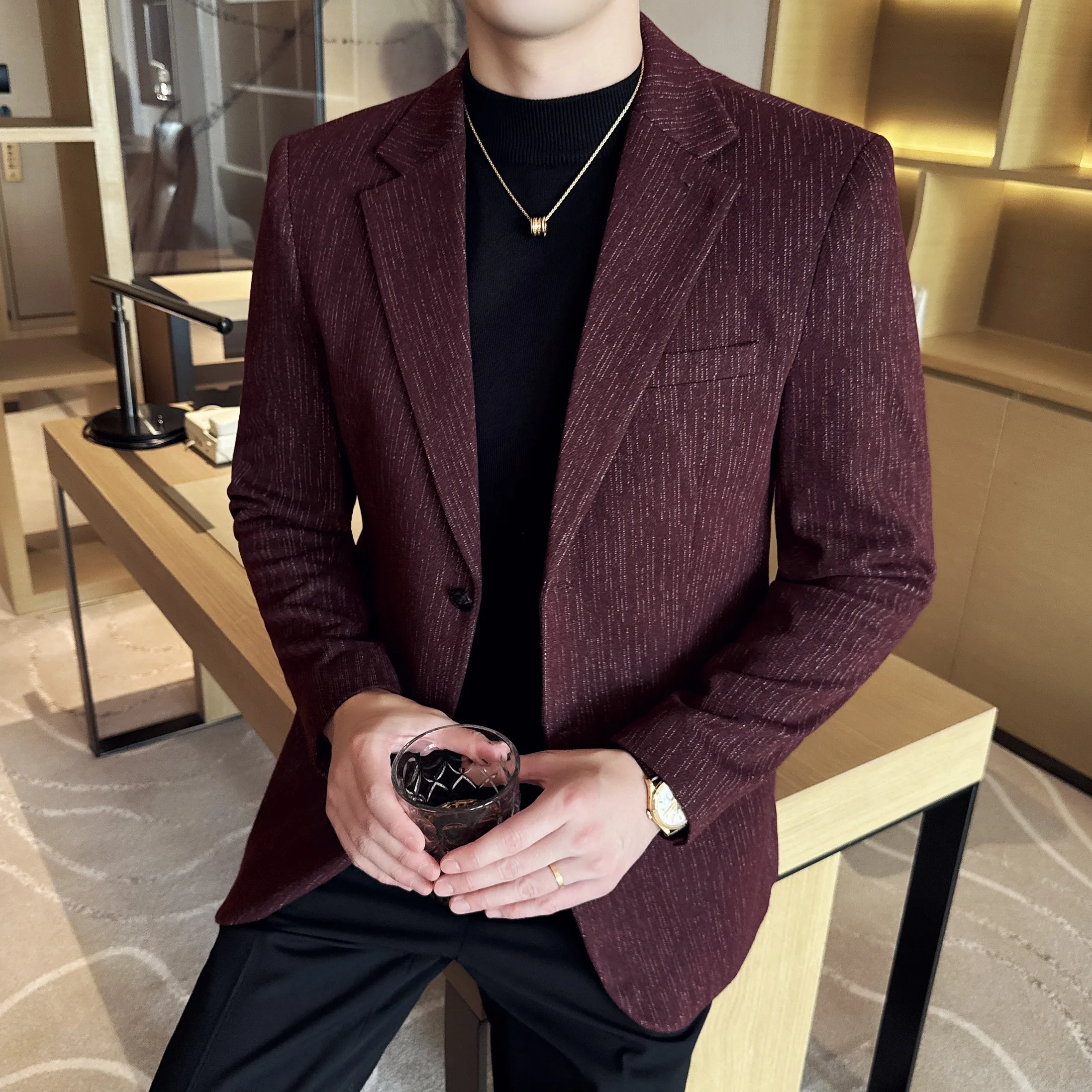 

New Fashion Meteor Striped Suit Jacket High Quality Men's Slim Fit Business Formal Social Prom Party Casual Tuxedos 5XL-M