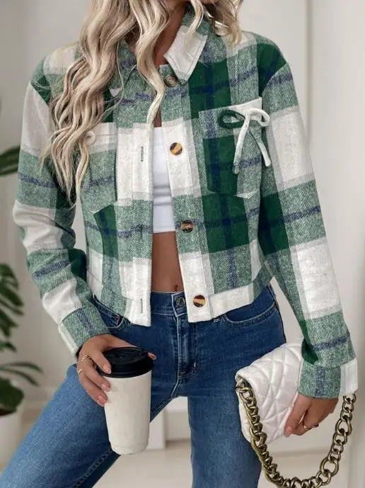 

Women's Jacket 2025 Autumn and Winter Short Plaid Cardigan Vintage Woolen Bowknot Jacket Minimally Casual and Elegant Jacket