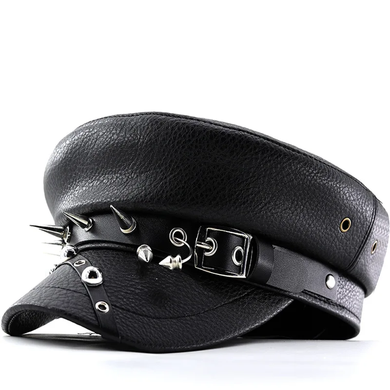 Women Trendy Beret Hat Black Pu Leather Flat Top Captain Caps Military Hats Personality Punk Hip-hop Rivet Beret