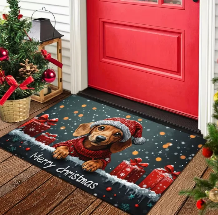 1pc Marry Christmas Dachshund Welcome Doormat, Dachshund in Santa Hat Christmas Decoration Floor Mat, Christmas Gift Mats