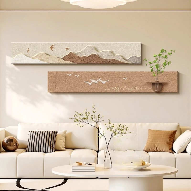 Mountain sofa background wall decorative painting cream wind living room creative hydroponic green plant sandstone combination