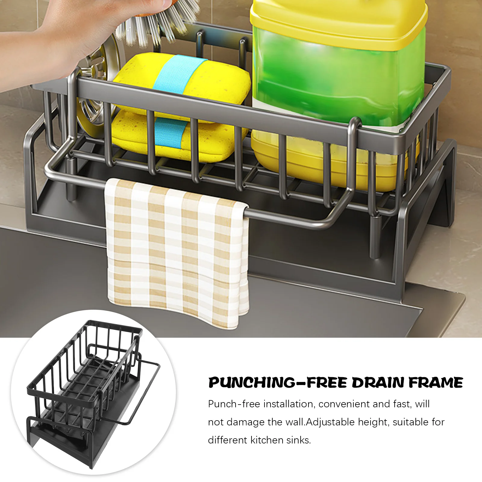 

Kitchen Sink Organizer Sponge Holder No Drill Mount Drain Tray Storage Shelf Multi-Function Household Kitchen Rack Drying Rack
