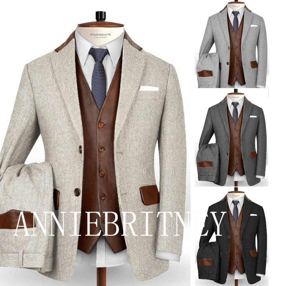 

Vintage Tweed Suit For Men Slim Fit 3 Piece Blazer Set Leather Vest Herringbone Costume Homme Terno Masculino Custom Made Male