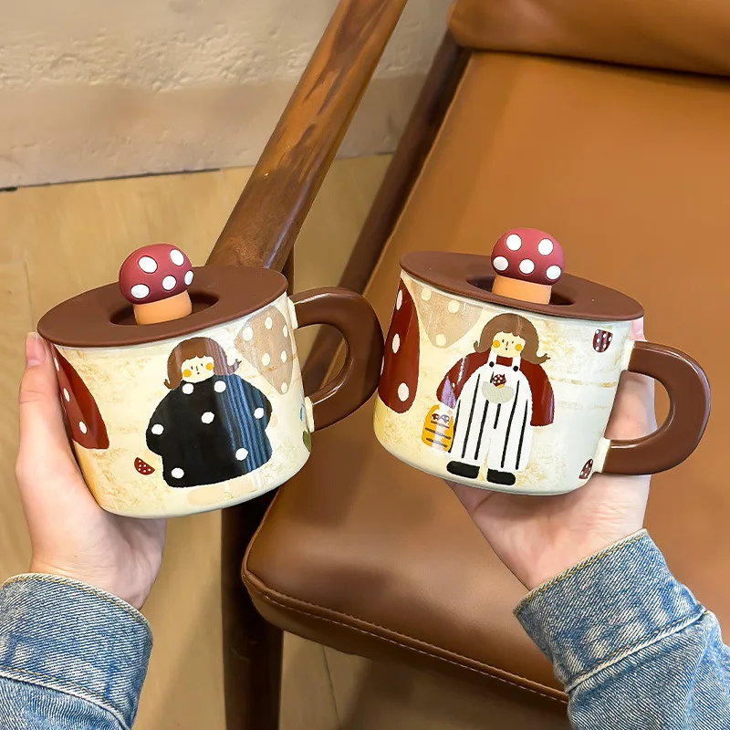 

Кружка в виде грибов с волнистыми ушками для девушек, керамическая чашка с крышкой, милая чашка для воды, домашняя керамическая чашка для кофе для девушек