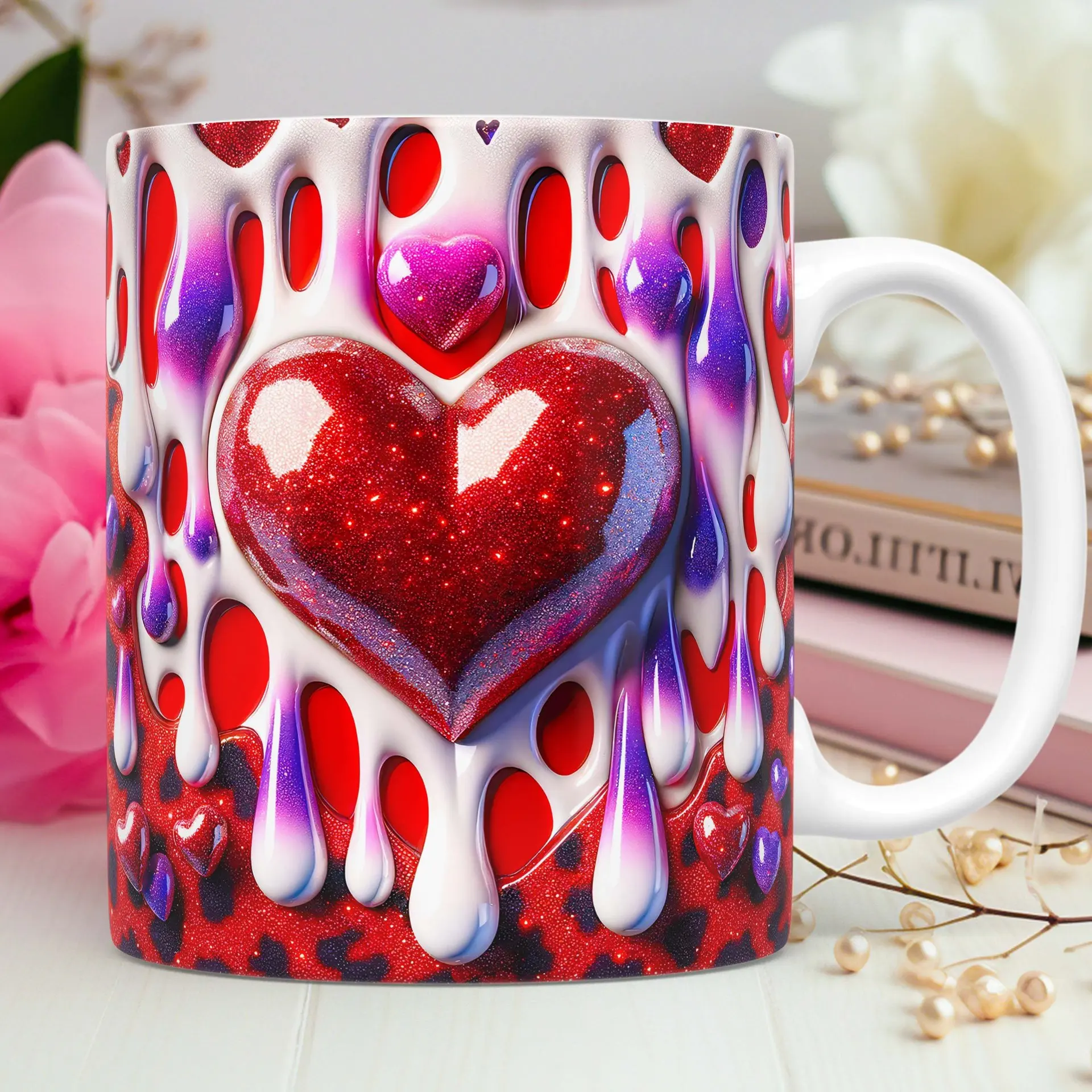 New products in November, Valentine's Day theme, Valentine's Day gift 3D pattern colorful heart ceramic mug