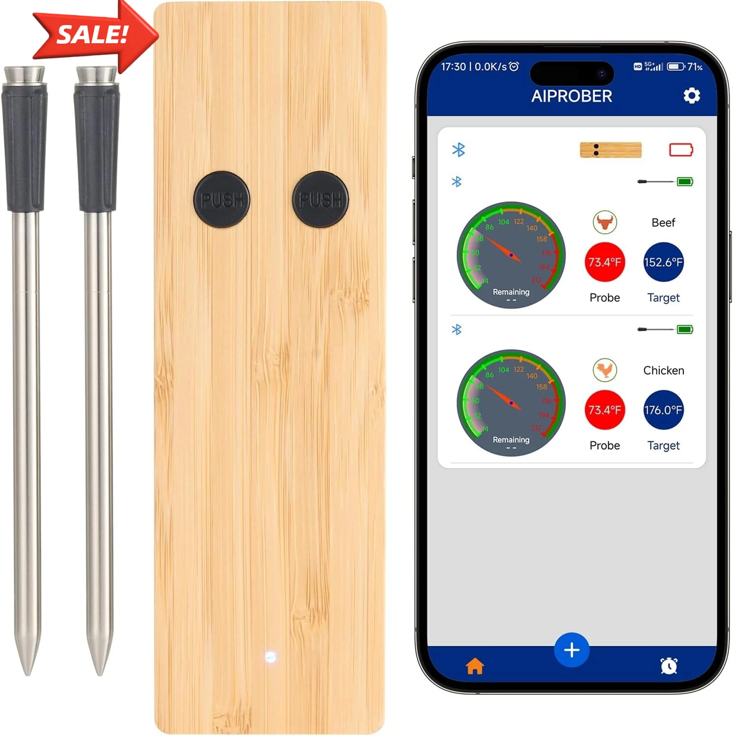 

500 ft Range Wireless Bluetooth Meat Thermometer, Waterproof Smart Meat Probe with Two Probe, for Grilling, Smoker, BBQ & Oven