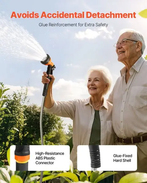 VEVOR Metal Garden Hose 100 ฟุต, สายยางน้ําสแตนเลสกันสนิม, สายยางหลังบ้านสําหรับงานหนักพร้อมหัวฉีด 10 ฟังก์ชั่น, No-Kink