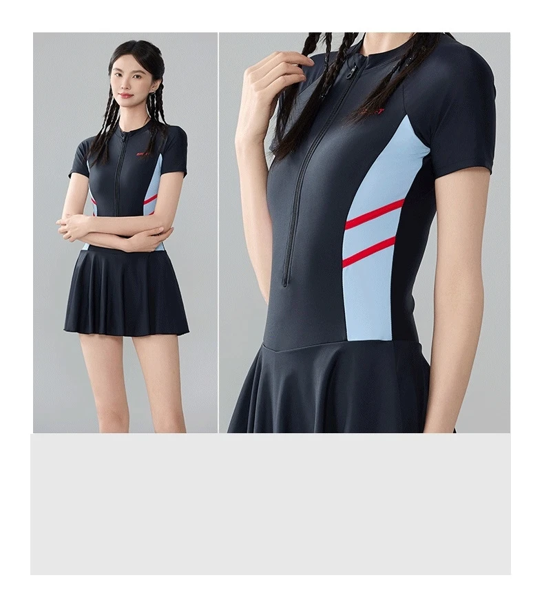 Women Short Sleeve One Piece Quick-Dry Sport Beach Surfing Swim Skirts Female Front Zip Professional WaterProof Bathing SwimSuit