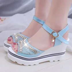 Women Elegant Wedges Sandals Platform Buckle Strap High Heels Dressy Party Sandals Roman Wedges Crystal Decro Peep Toe Sandals