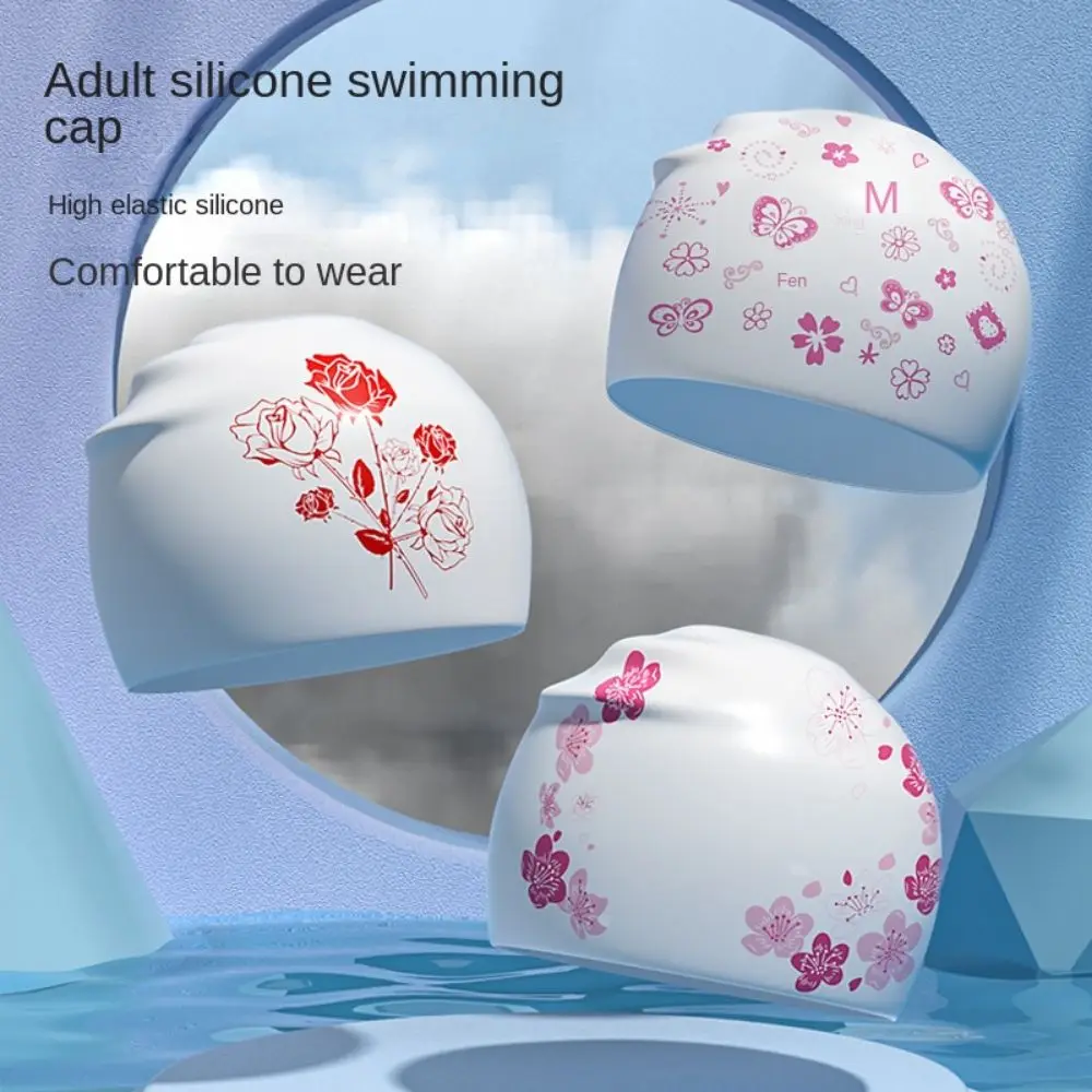 

Swim Pool Silicone Swimming Cap Flower Pattern Waterproof Diving Cap Protect Ears Non Stick Hair Swimming Hat Swimming Sports