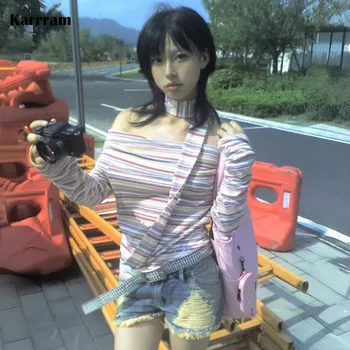 Karrram-スカーフ付き日本の裸の肩のTシャツ、ヴィンテージのレインボーストライプのトップス、長袖、原宿90年代の流行のスタイル、y2k、2000s