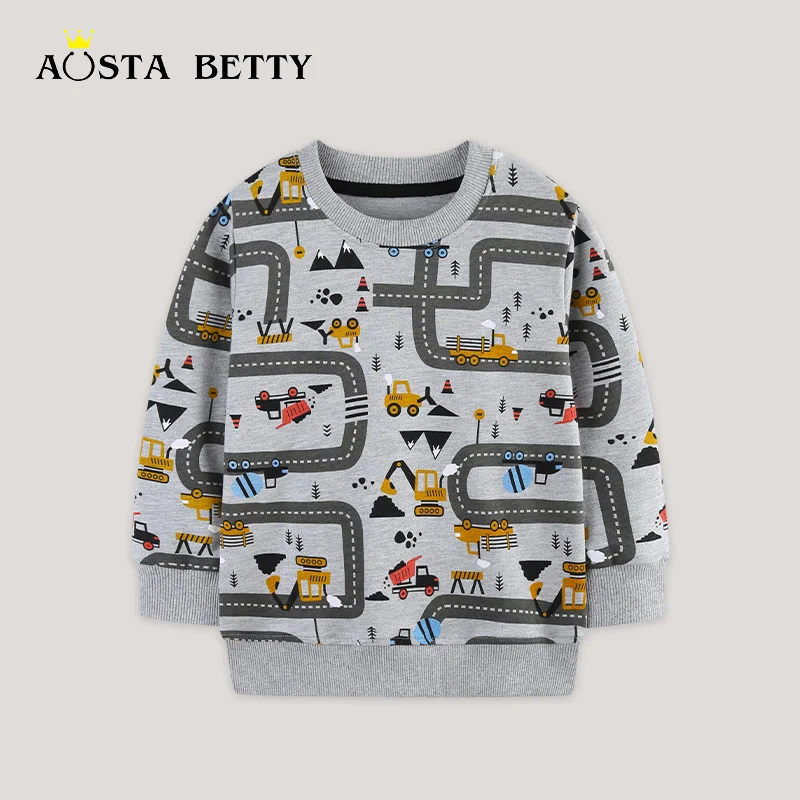 26 Autumn Fashion Boys' Hoodie Construction Vehicle Print Children's Long Sleeve Knitted Cotton Toddler Sports Sweatshirt