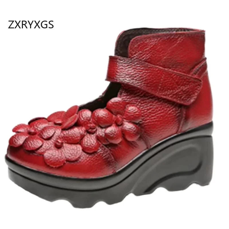 

ZXRYXGS 2025: ботинки из воловьей кожи с цветами, модная женская обувь, новые модные удобные ботинки на танкетке с круглым носком, банкетные свадебные сапоги