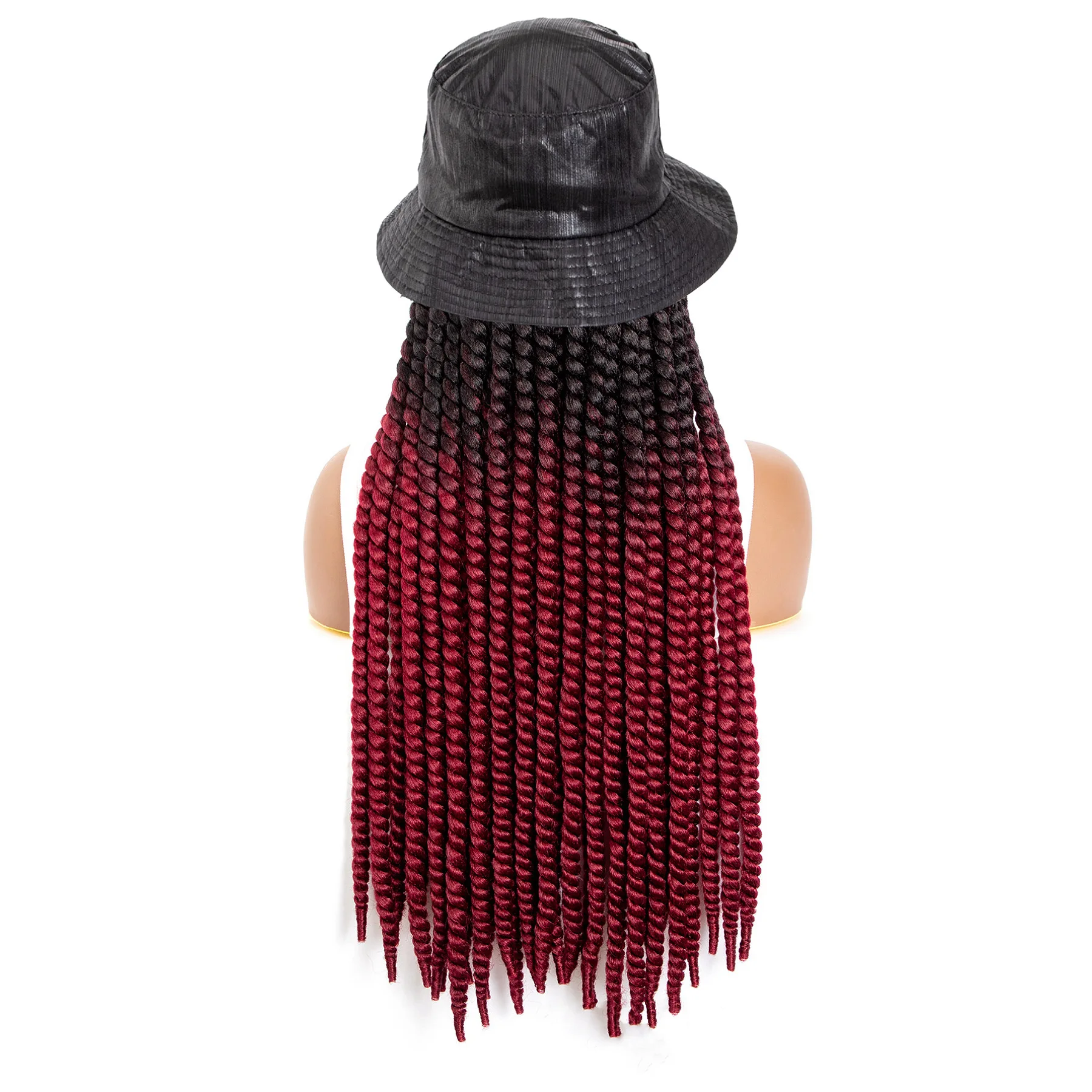 WIGERA Long Ombre Black Burgundy Synthetic Havana Mambo Twist Braided Hair Extensions Cap Wig Spring Braiding With Bucket Hat