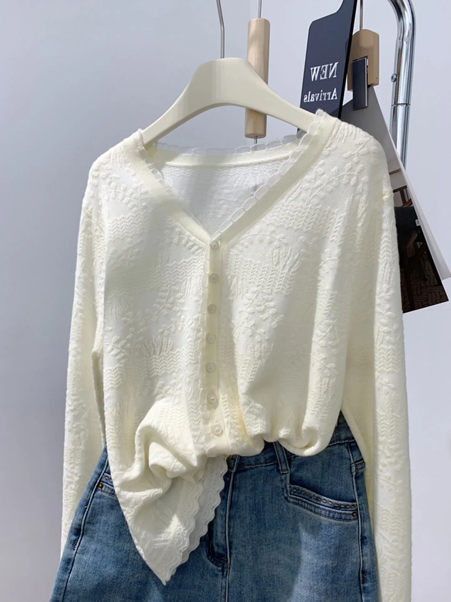 

e Lace Trim V-Ne Long Sve Knitted Open Cardigan Beautiful Slimming Versatile Top for Early Autumn Commute Sle