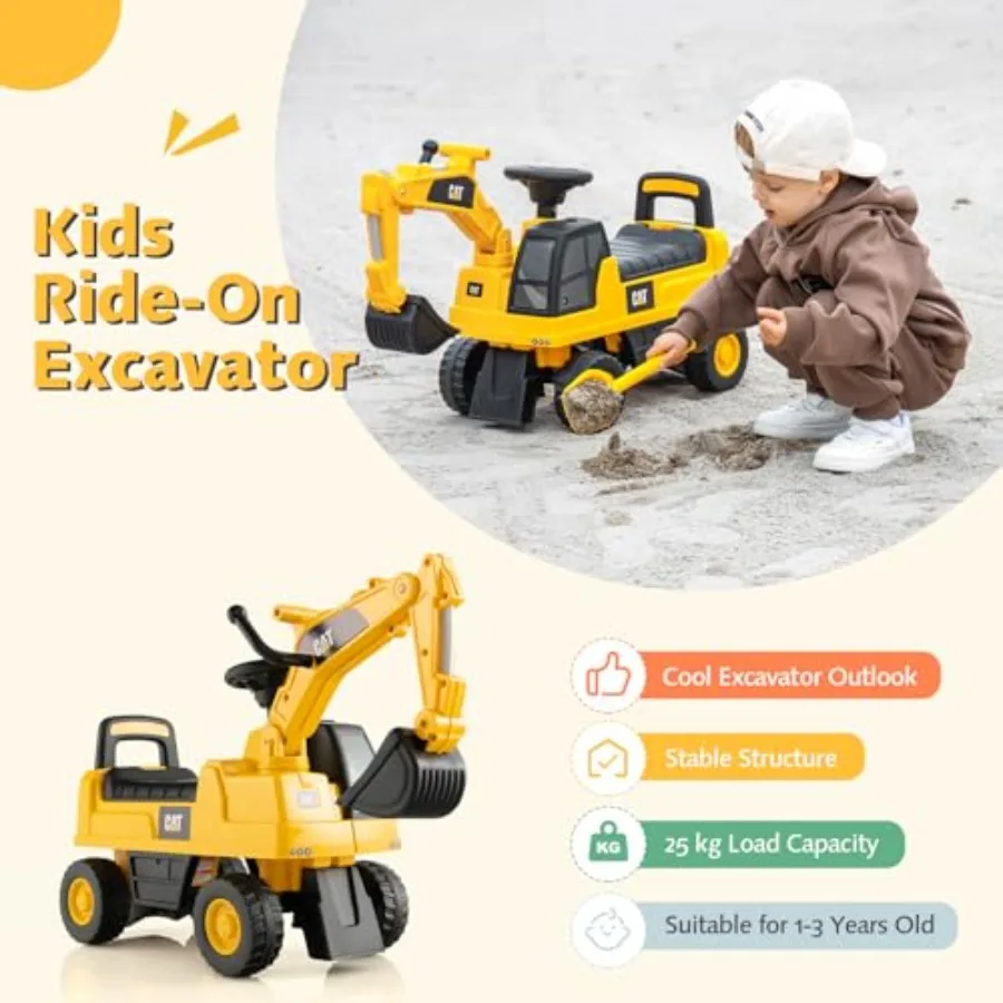 幼児向けプッシュカー、ライセンス取得済みキャタピラーライドオンショベルカー、回転式掘削バケット、リアルな運転席、ホーン、隠し収納付き