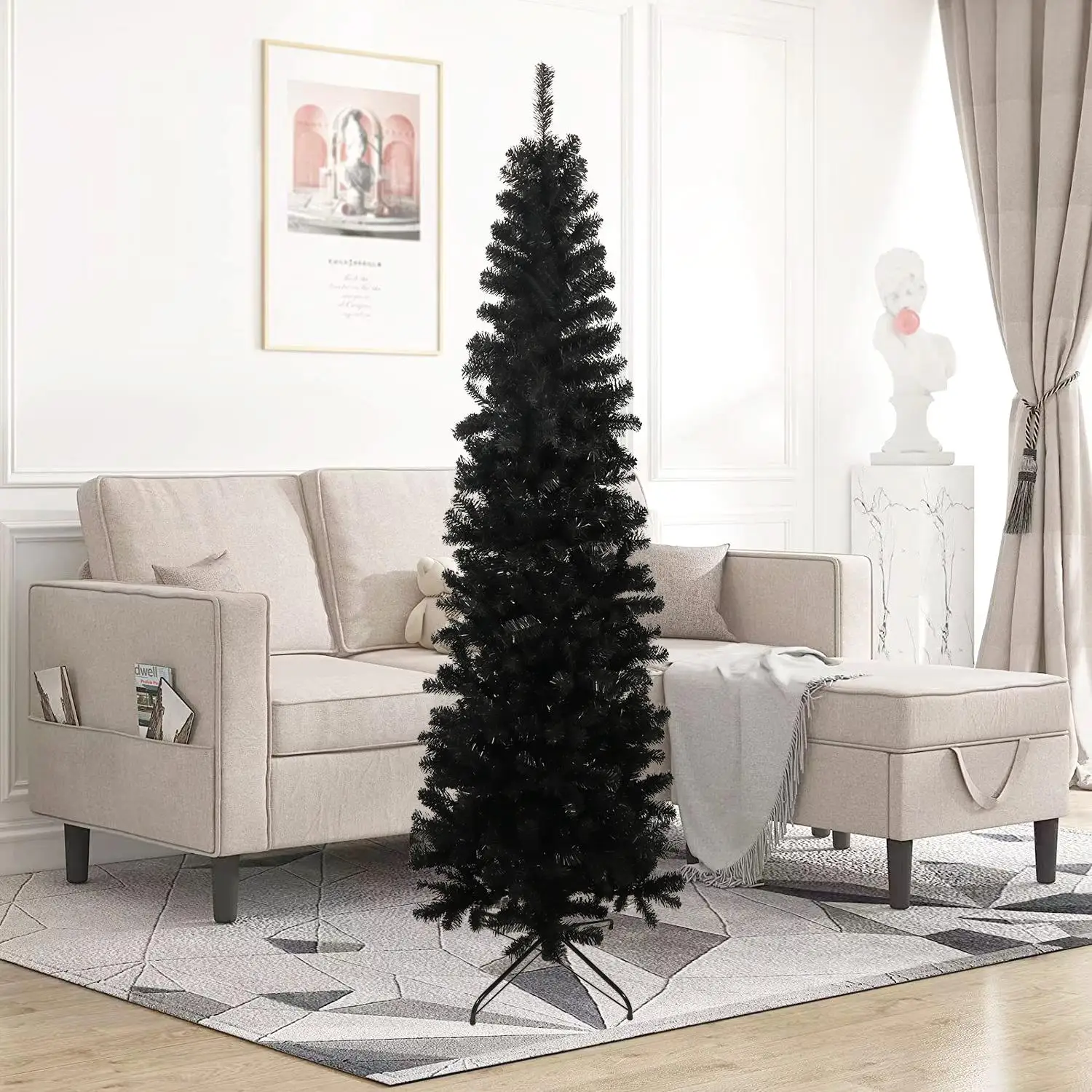 

7.5FT Black Slim Artificial Christmas Tree with Foldable Metal Stand – Perfect Holiday Décor