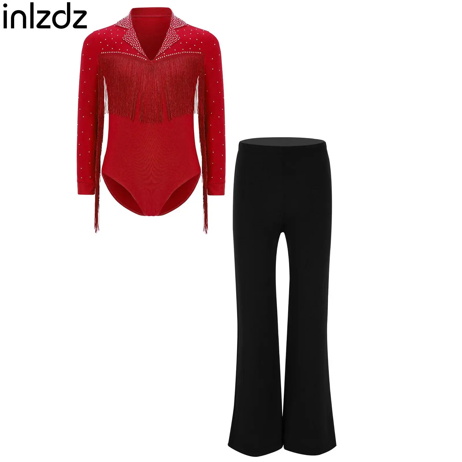 

Boys Latin Dance Costume Long Sleeve Rhinestones Tassel Leotard with Pants for Modern Ballroom Performance Competition Dancewear