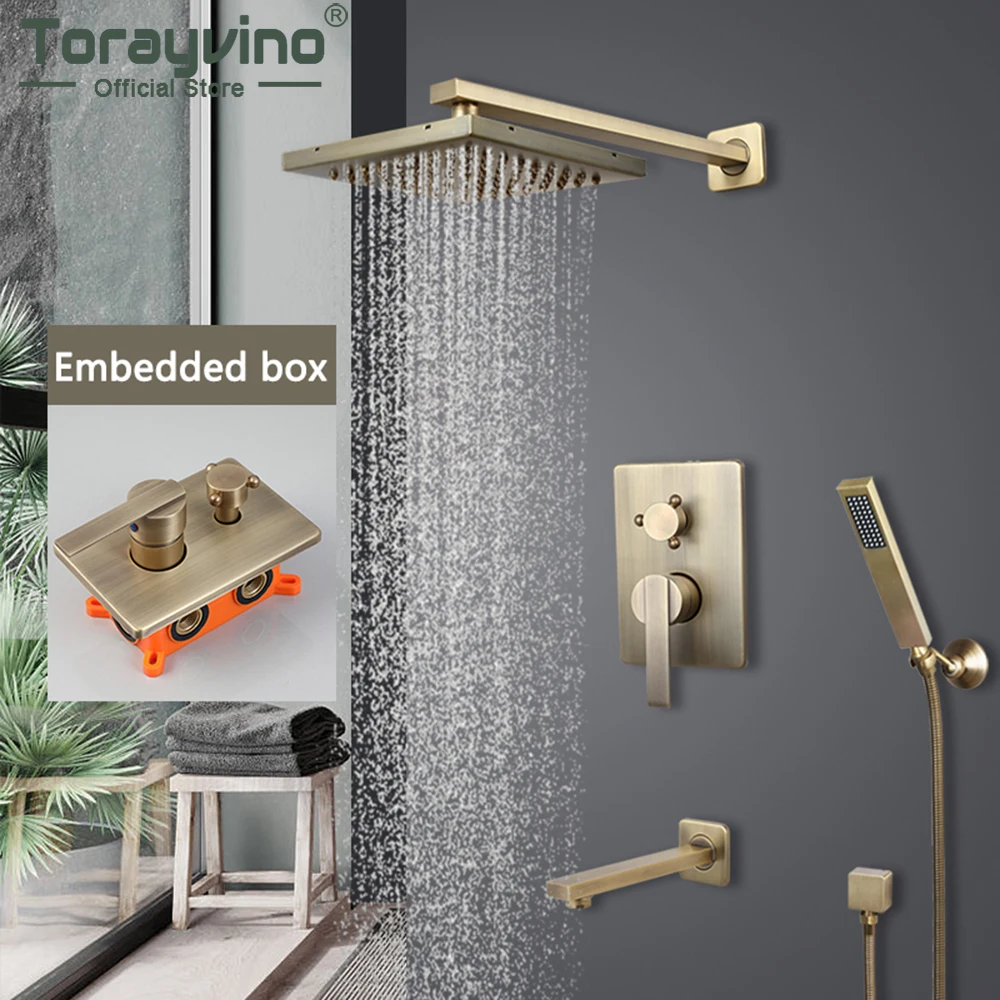 Torayvino Antique Brass Bathroom Shower Set Wall Mounted 3 Ways Embedded Box Chuveiro Mixer Tap Bathtub Rainfall Shower System