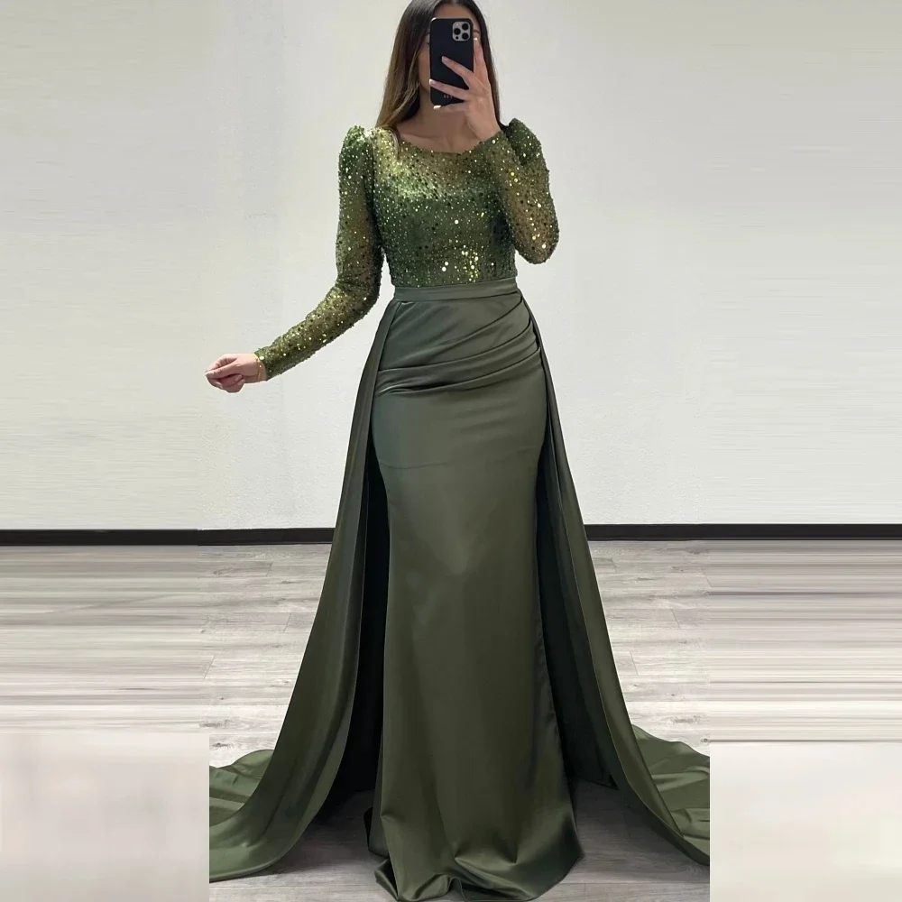 Olive Green Women's Sparkling Evening Dresses Long Sleeve Elegant Bead String Satin Pleated Princess Prom Dress Gowns Political