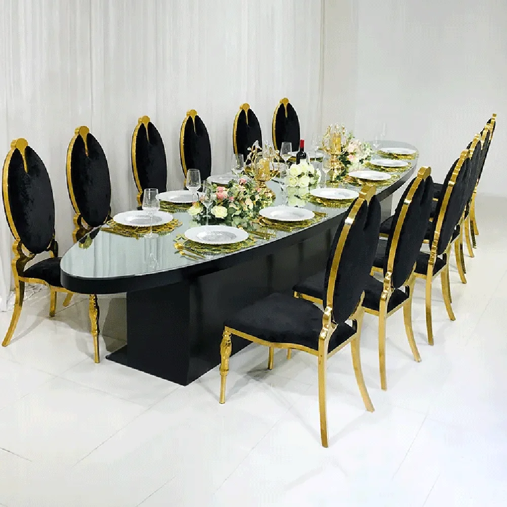 Black Metal Dining Table for Banquet Party, Mirror Glass Oval, Luxury Event, New Design, 2 Pieces