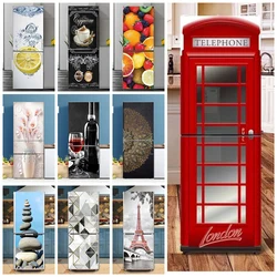 Red Phonebooth Printed Fridge Door Mural Cover Stickers Customize Decoration for Kitchen Refrigerator Cabinet Full Door Poster