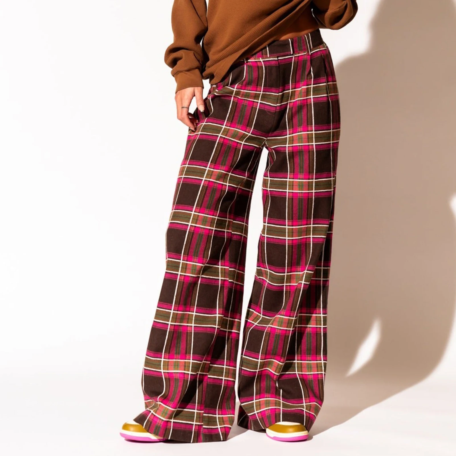 Combhasaki Womens Y2K Vintage Plaid Print Loose Fit Long Pants Button Elastic High Waist Wide Leg Casual Pull On Grunge Trousers