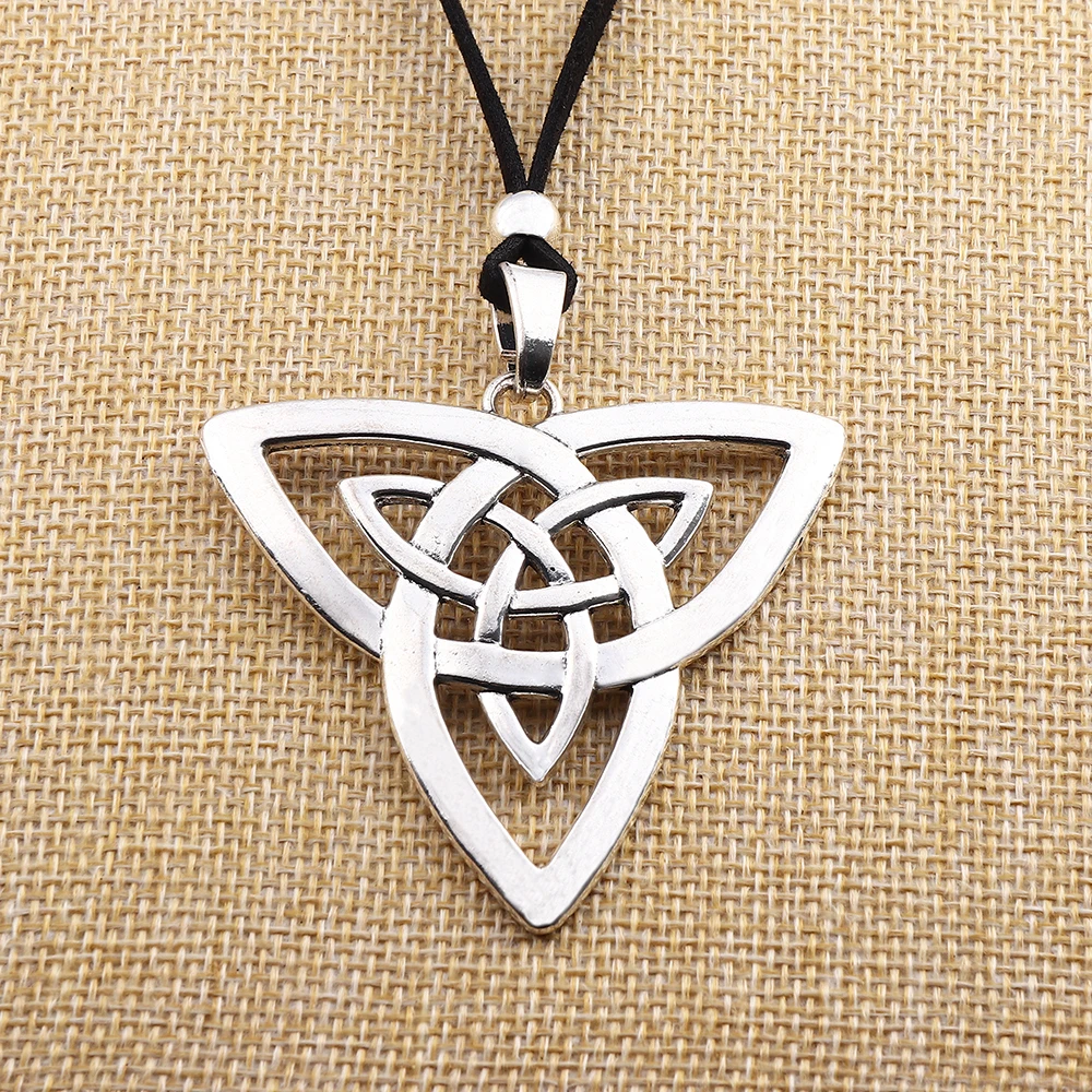 Tibetan Silver Large Celtics Trinity Triquetra Knot Pendant Necklace on Long Black Suede Cord Lagenlook 32‘’ for Jewelry Women