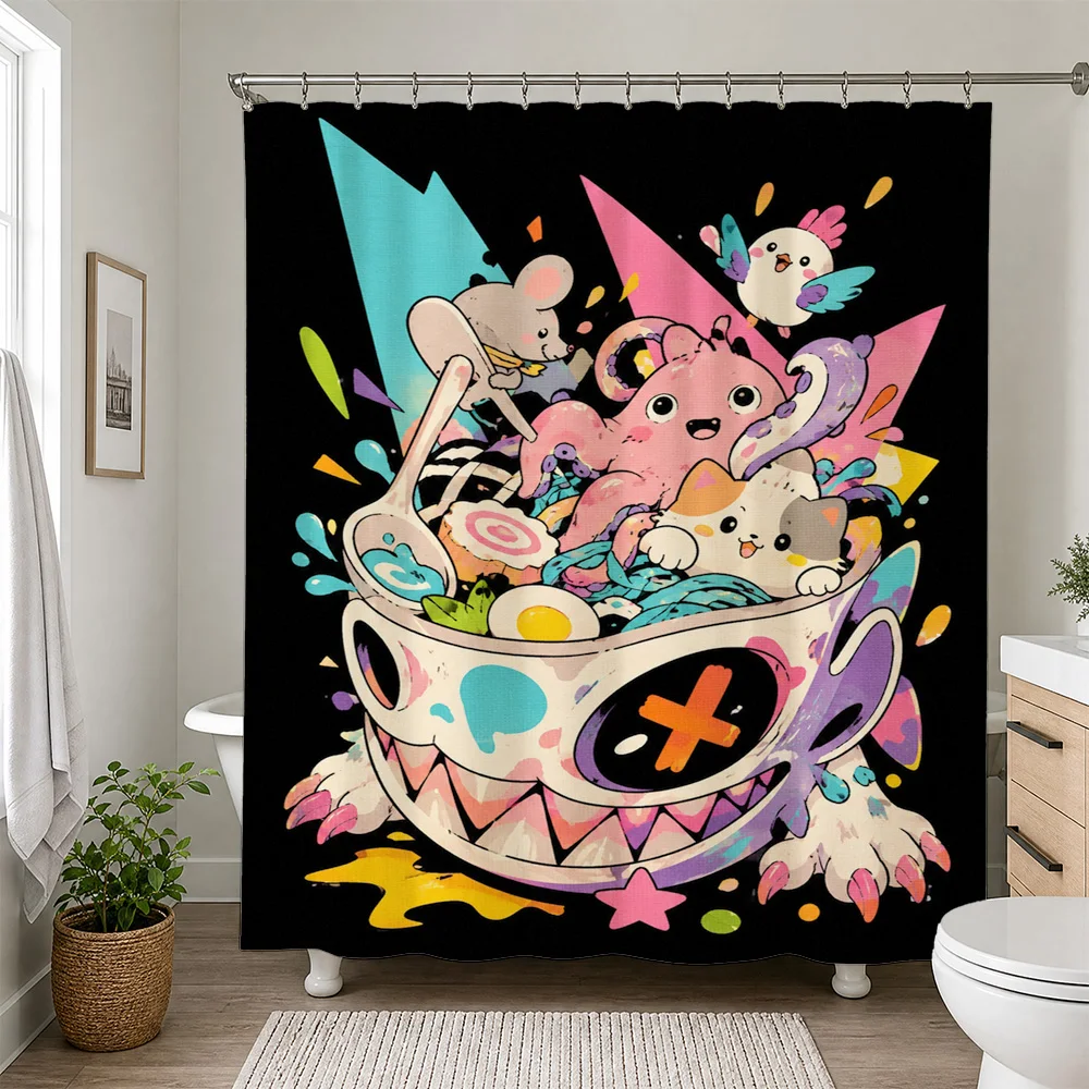Cute Cartoon Kawaii Characters Shower Curtain Bathroom Decor Fun Pop Art Style Shower Curtain for Kids and Adults