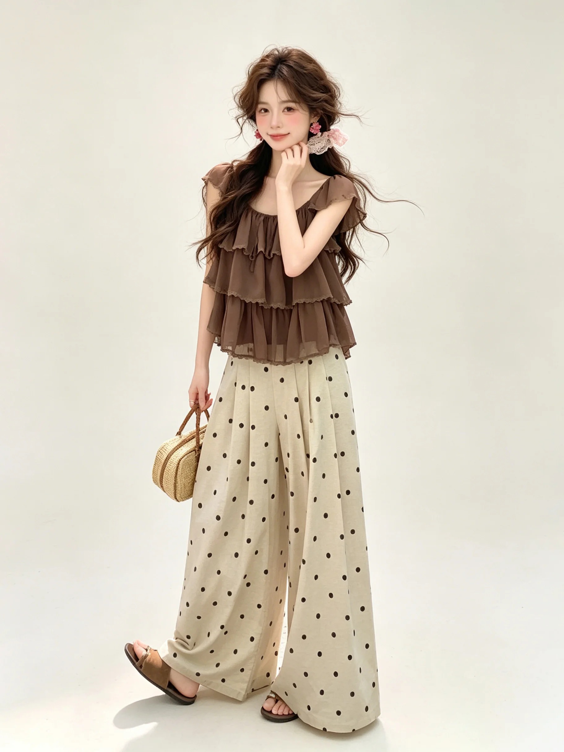 Retro Style Women's Summer Outfit High Waist Wide Leg Pants Polka Dot Shirt with Puff Sleeves And Lace Trim Breathable Polyester