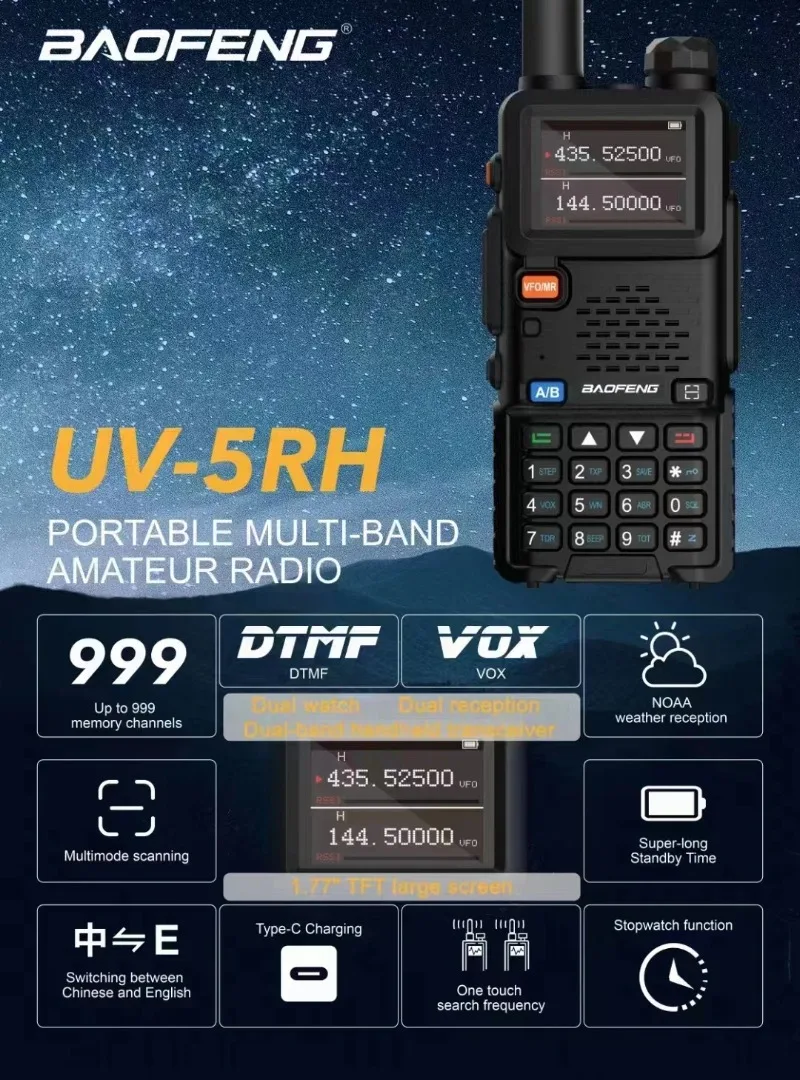 

Портативная рация Baofeng UV-5RH Pro Max, беспроводная радиостанция, дальность действия 15 Вт, двусторонняя радиосвязь, оригинал