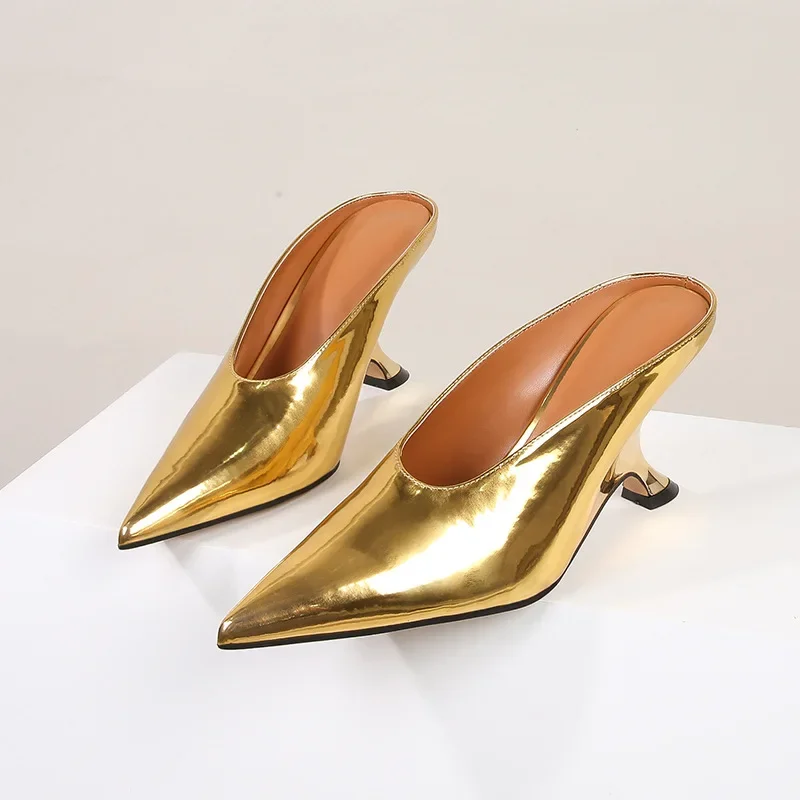 

Pointed Toe Women Slippers Shoes Designer Shallow Wedges 9cm High Heels Banquet Mule Zapatos De Mujer