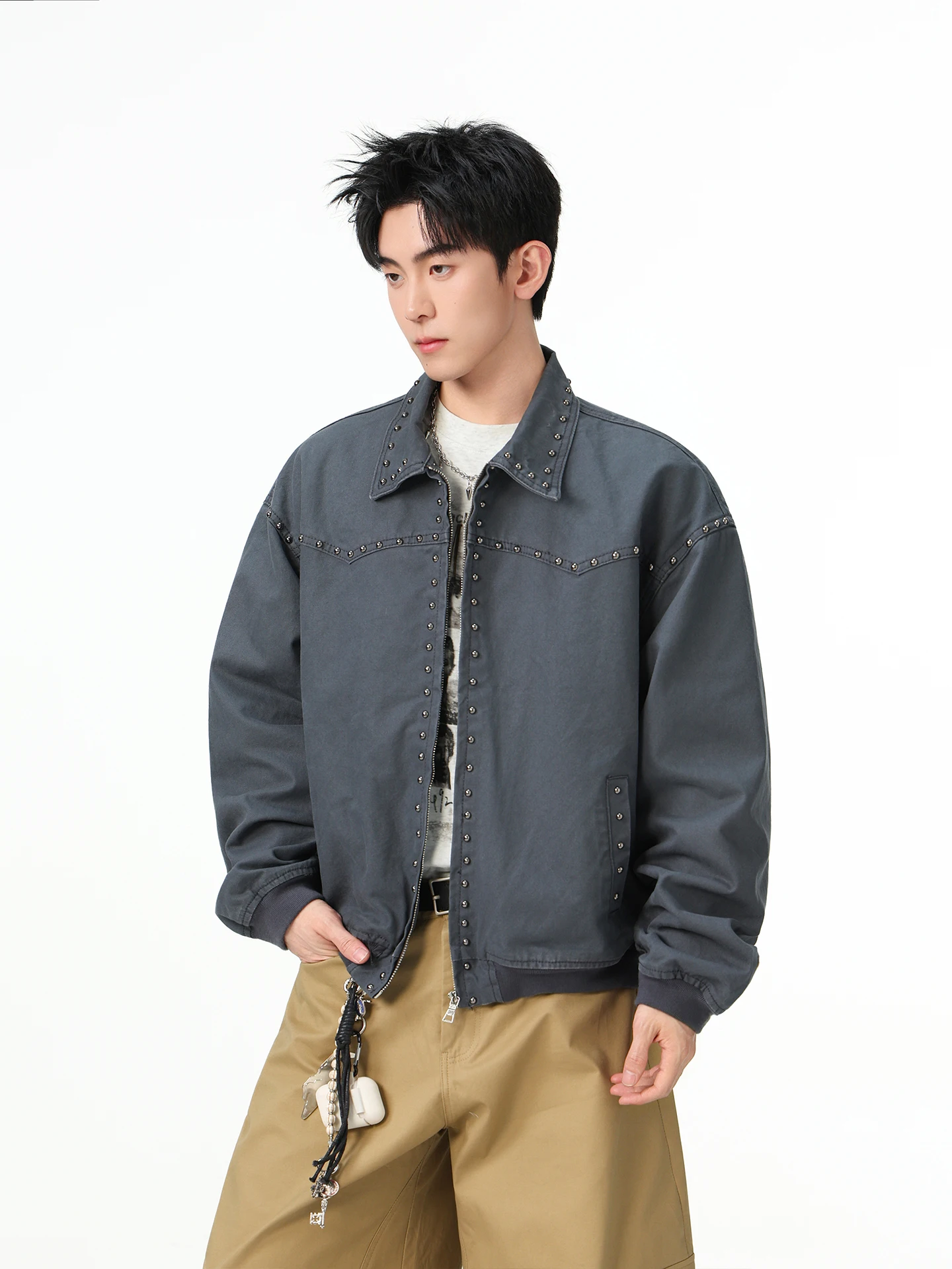 

Boyue American Retro Sle Workwear Jaet Men's Collar Rivet Decoration Design Versatile Outerwear Long Sve Zipper Closure