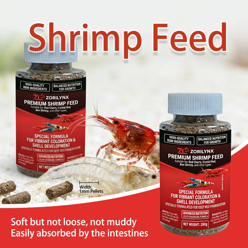 Alimento para Camarones en Pellets 3 en 1, 280g, Nutrición Acuática Premium con Astaxantina para Camarones Rojos Cristal, Camarones Anchos y Peces ZORILYNX
